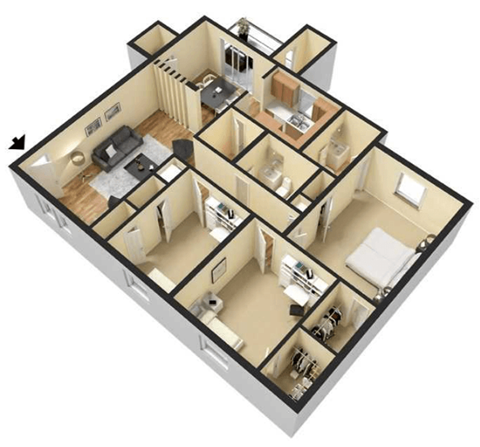 Floor plan for 3 beds, 2 baths, 1280 sqft